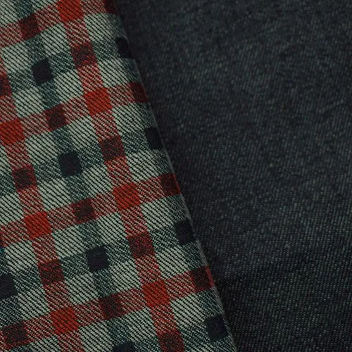 1 1/4 YD PC -- Navy Blue/ Red Plaid Japanese Selvedge Denim Fabric