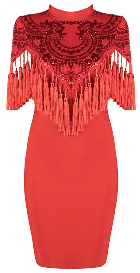 'Addisan' Sequin-Embellished Tassel Stretch Mini Dress - Red or Black