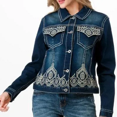 Aztec Border Embroidered Stretch Denim Jacket at Bourbon Cowgirl