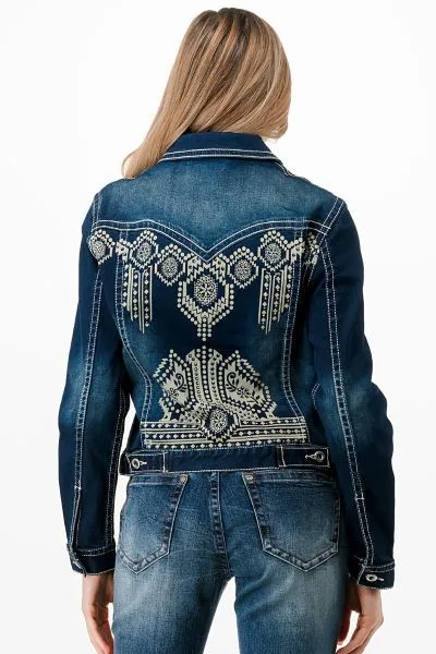 Aztec Border Embroidered Stretch Denim Jacket at Bourbon Cowgirl