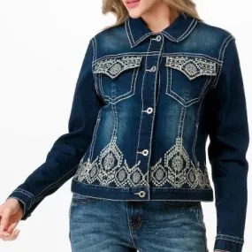 Aztec Border Embroidered Stretch Denim Jacket at Bourbon Cowgirl