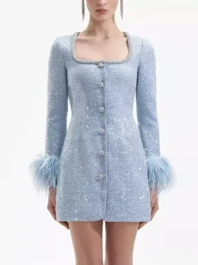 Blue Boucle Sequin Dress with Feather Trim