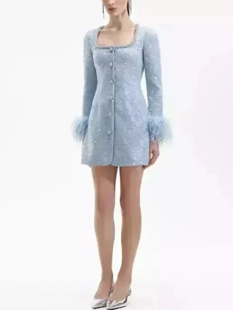 Blue Boucle Sequin Dress with Feather Trim