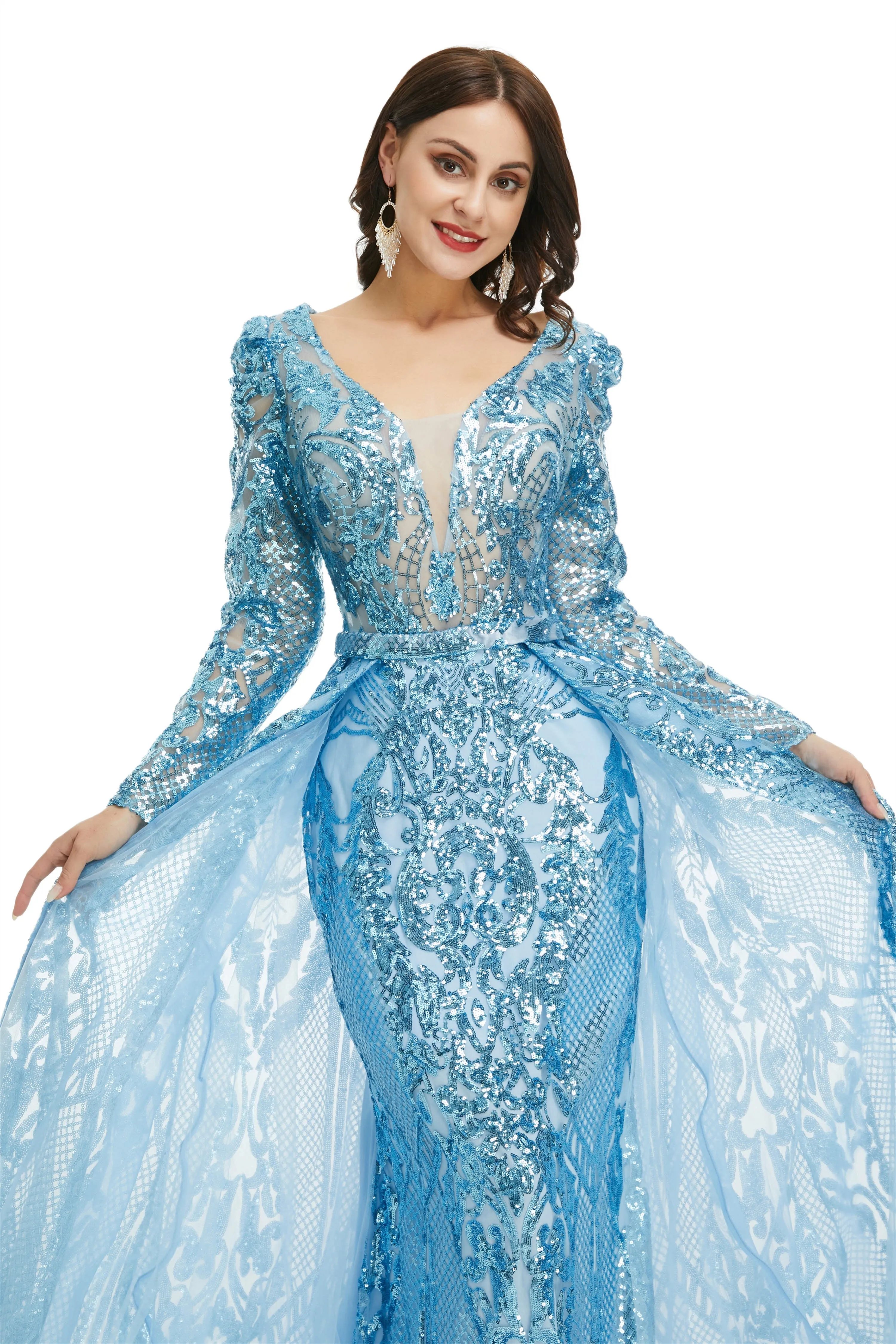 Blue Sequin With Detachable Train Long Sleeves Mermaid Evening Dresses