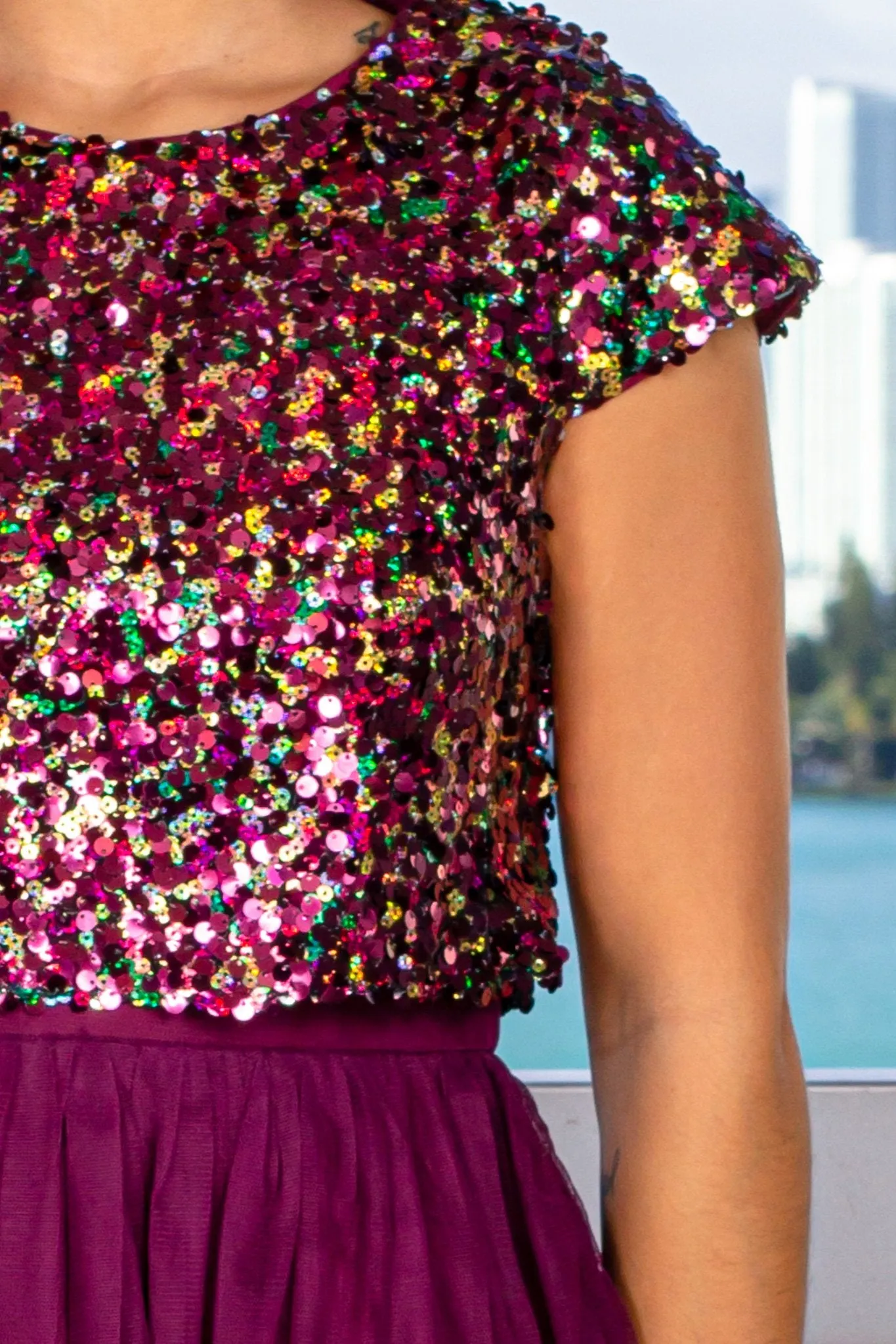 Burgundy Sequin Top Short Dress with Tulle Bottom