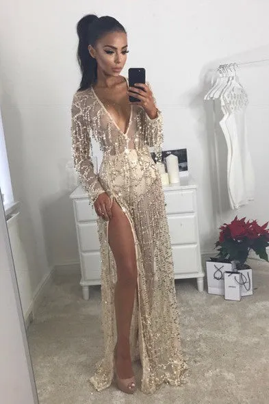 Deep V-neck Transparent Tassel Beach Split Long Dress