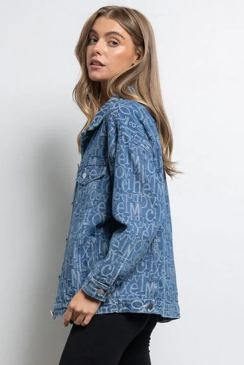 Embossed Alphabet Design Oversized Denim Jacket Blue Denim