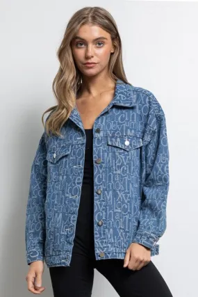 Embossed Alphabet Design Oversized Denim Jacket Blue Denim