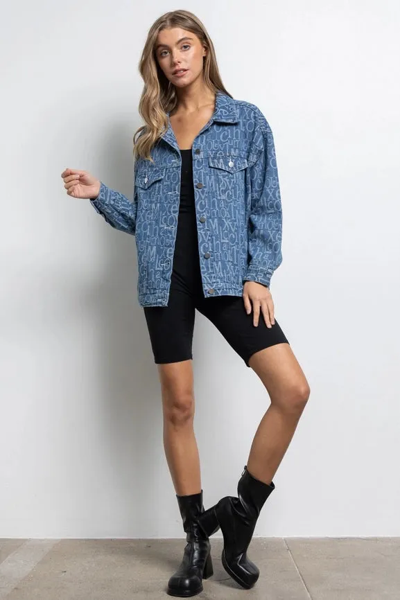 Embossed Alphabet Design Oversized Denim Jacket Blue Denim