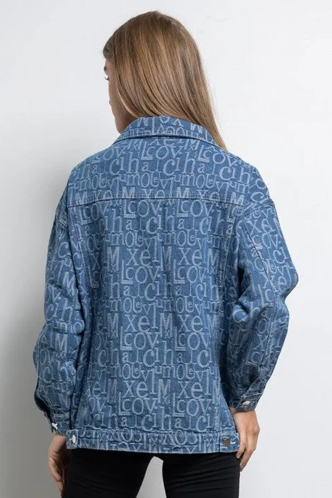 Embossed Alphabet Design Oversized Denim Jacket Blue Denim