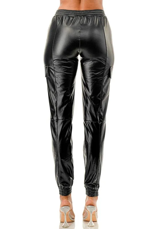 Fleece Soft Stretch Faux Leather Jogger Pants