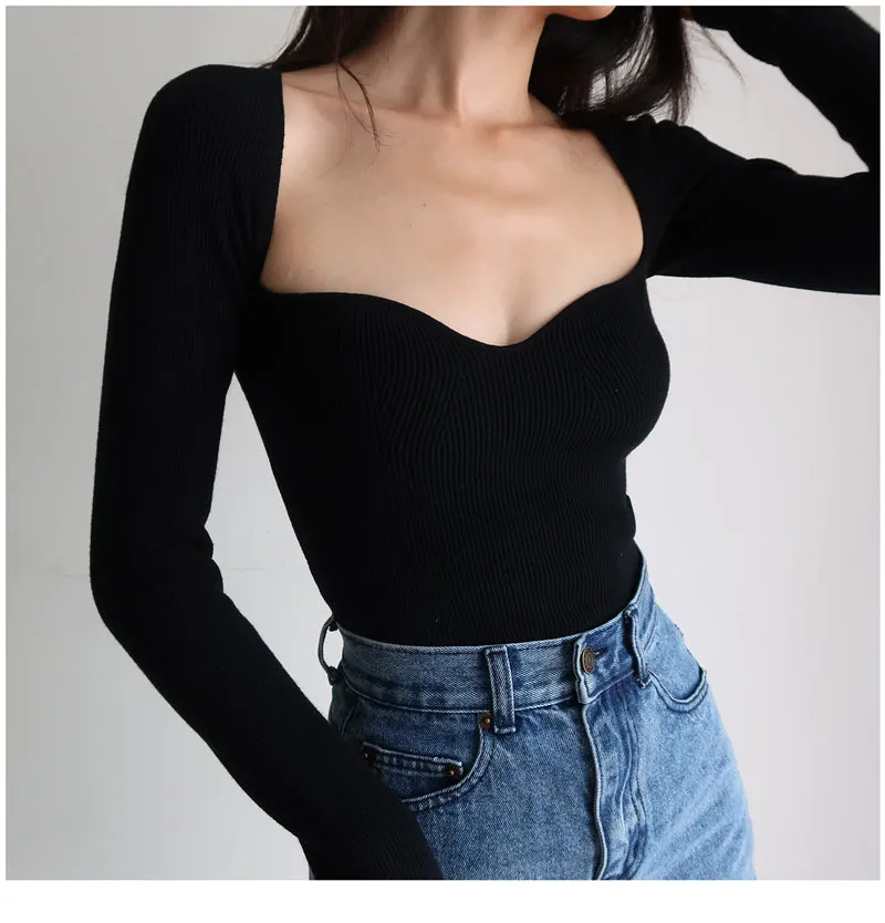 French Vintage Square Neck Knitted Tops Women Skinny Long Sleeve Pullover T-shirts Female