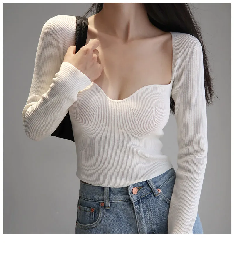 French Vintage Square Neck Knitted Tops Women Skinny Long Sleeve Pullover T-shirts Female