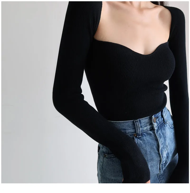 French Vintage Square Neck Knitted Tops Women Skinny Long Sleeve Pullover T-shirts Female