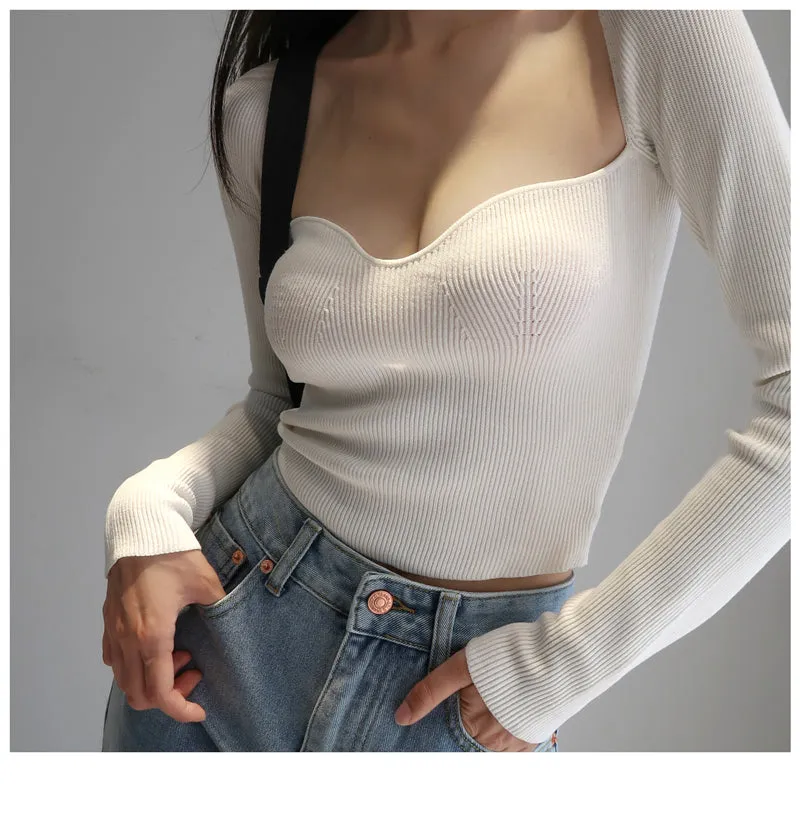 French Vintage Square Neck Knitted Tops Women Skinny Long Sleeve Pullover T-shirts Female