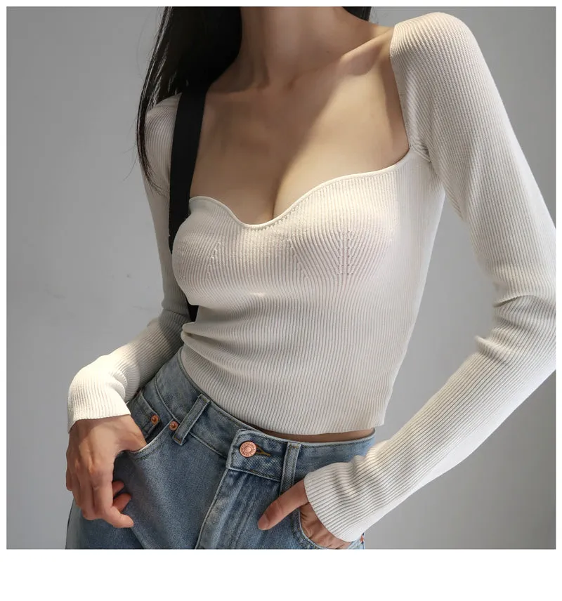 French Vintage Square Neck Knitted Tops Women Skinny Long Sleeve Pullover T-shirts Female