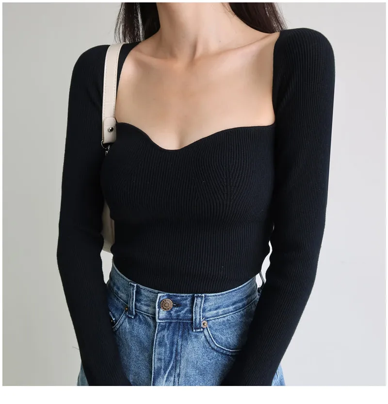 French Vintage Square Neck Knitted Tops Women Skinny Long Sleeve Pullover T-shirts Female