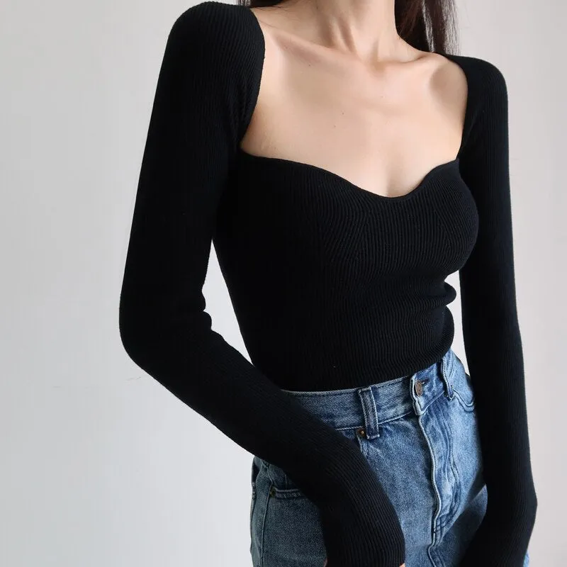 French Vintage Square Neck Knitted Tops Women Skinny Long Sleeve Pullover T-shirts Female