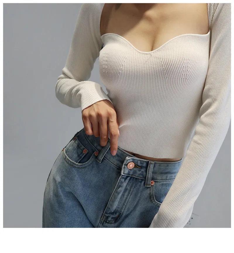 French Vintage Square Neck Knitted Tops Women Skinny Long Sleeve Pullover T-shirts Female