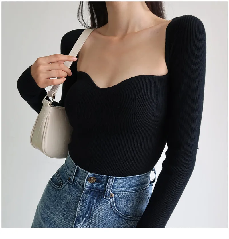 French Vintage Square Neck Knitted Tops Women Skinny Long Sleeve Pullover T-shirts Female