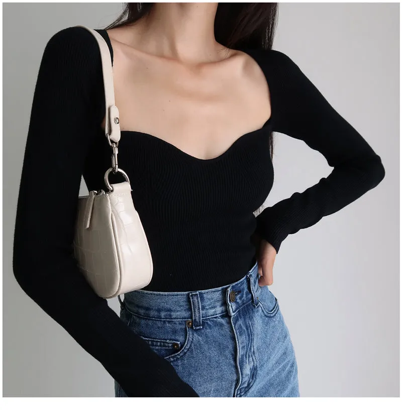 French Vintage Square Neck Knitted Tops Women Skinny Long Sleeve Pullover T-shirts Female