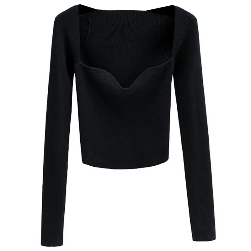 French Vintage Square Neck Knitted Tops Women Skinny Long Sleeve Pullover T-shirts Female