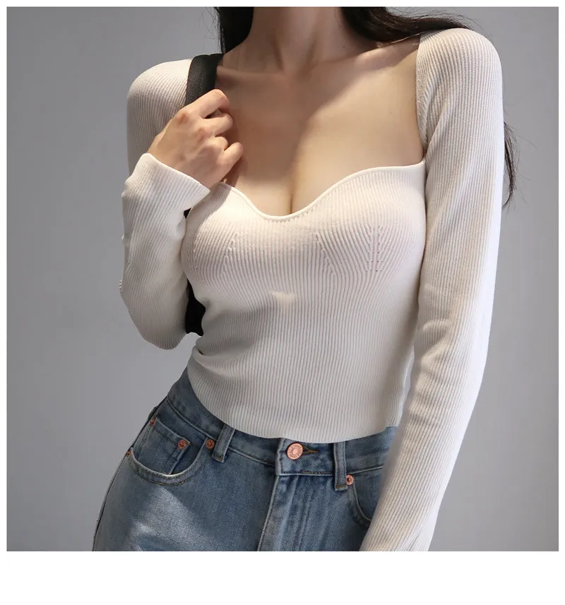 French Vintage Square Neck Knitted Tops Women Skinny Long Sleeve Pullover T-shirts Female