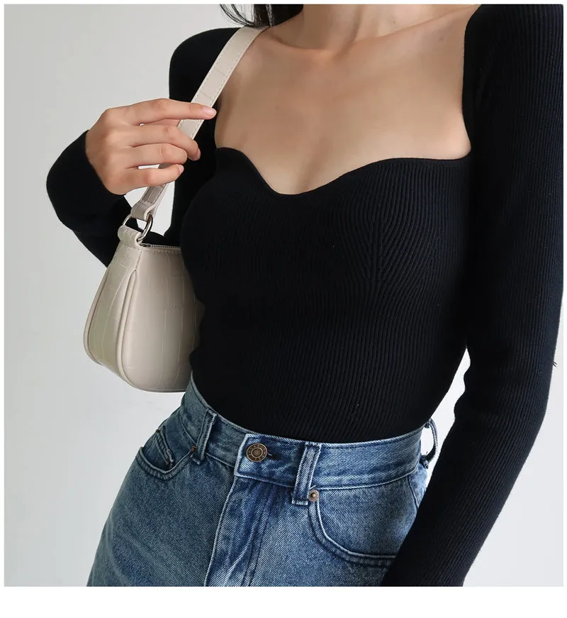 French Vintage Square Neck Knitted Tops Women Skinny Long Sleeve Pullover T-shirts Female