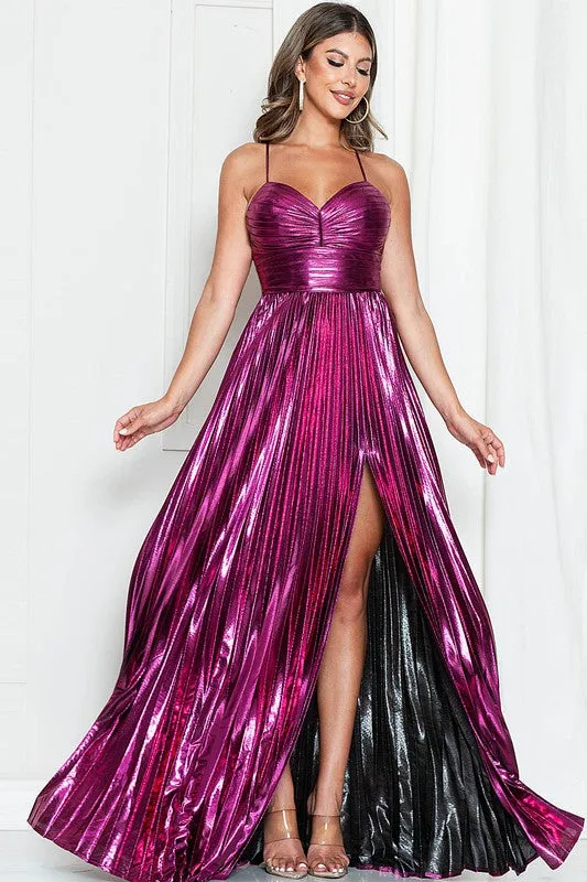 Fuchsia Pleated Slit Side Back Tie Metallic Maxi Dress