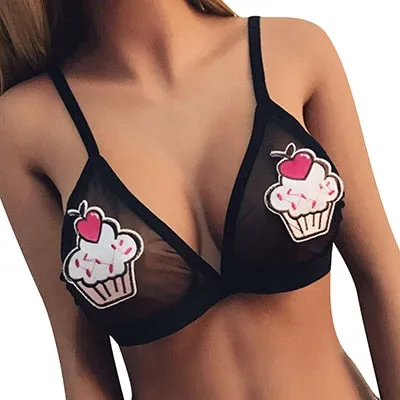 Funny Lovely Women Crop Tops Bandage patch in Embroidery mesh Bralette Bustier Top Sheer Triangle Unpadded Bra Cropped ice cream