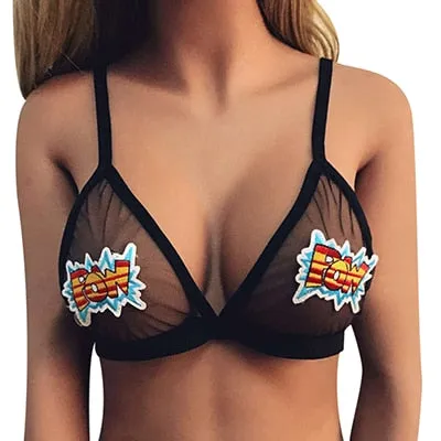 Funny Lovely Women Crop Tops Bandage patch in Embroidery mesh Bralette Bustier Top Sheer Triangle Unpadded Bra Cropped ice cream