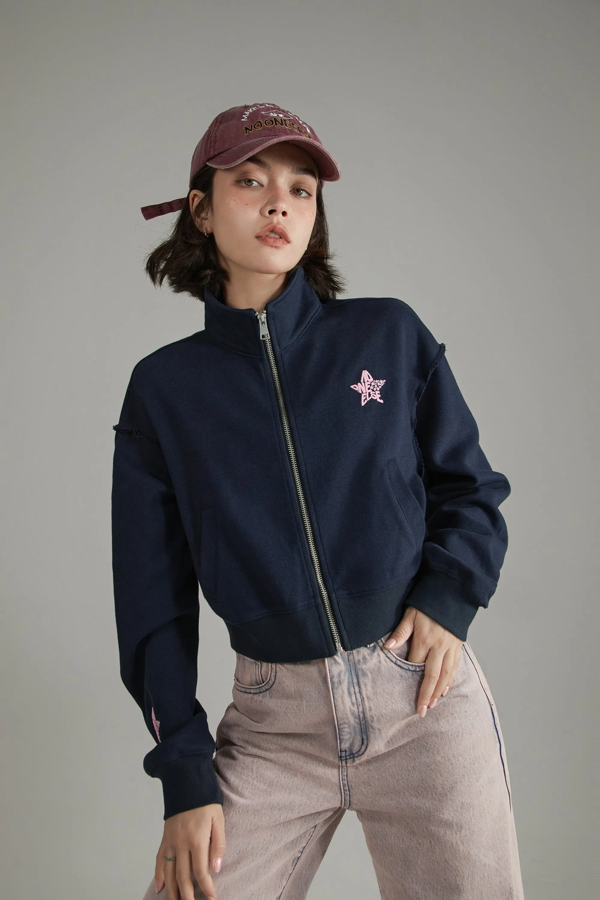 High Neck Star Crop Zip-Up