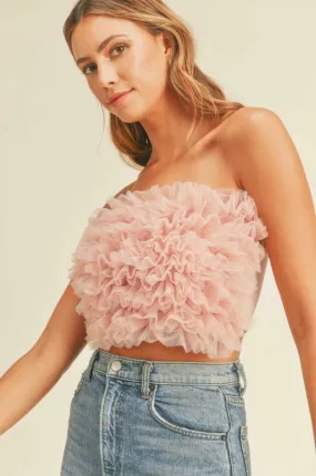 LAYERED RUFFLE MESH TUBE TOP IN ROSE