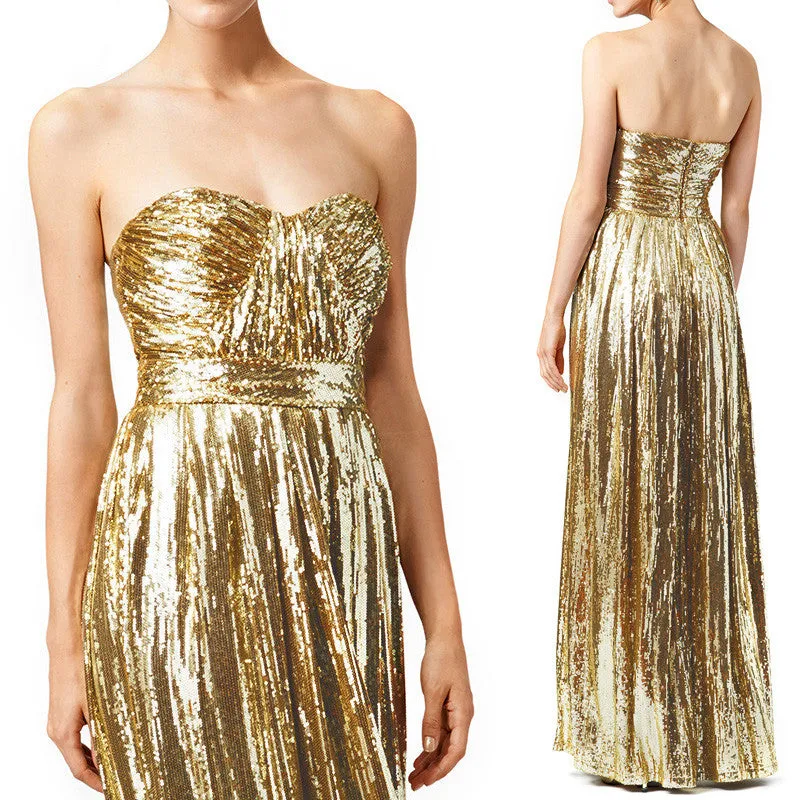 MACloth Strapless Sweetheart Long Sequin Prom Dress Gold Evening Formal Gown