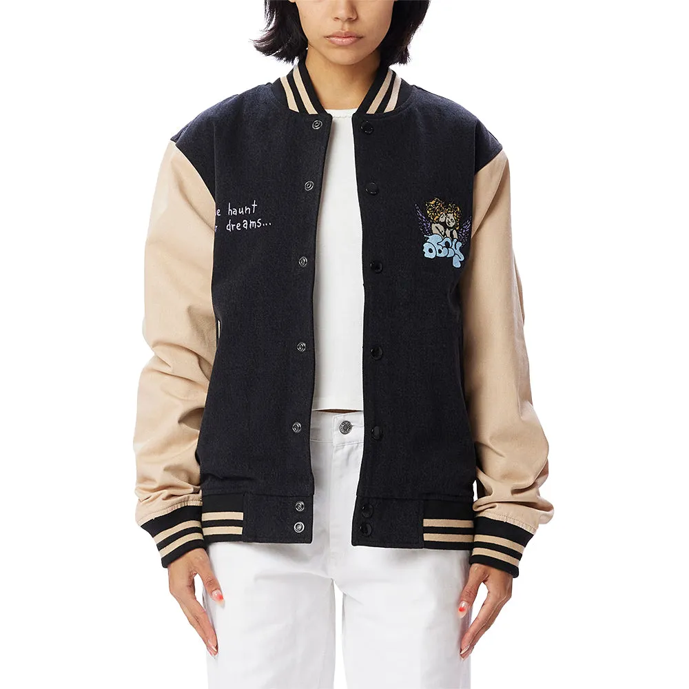 OBEY CARE DENIM VARSITY JACKET // DUSTY BLACK MULTI