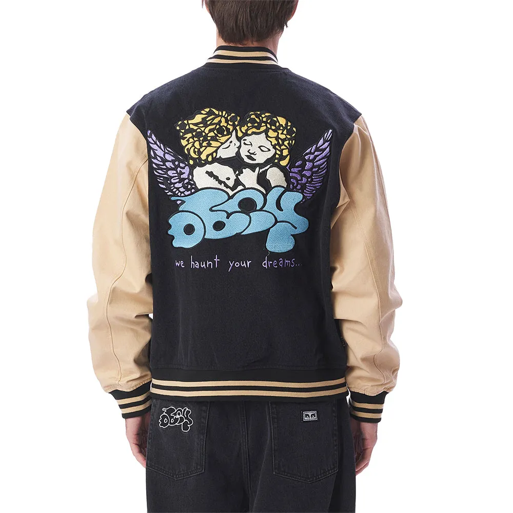 OBEY CARE DENIM VARSITY JACKET // DUSTY BLACK MULTI