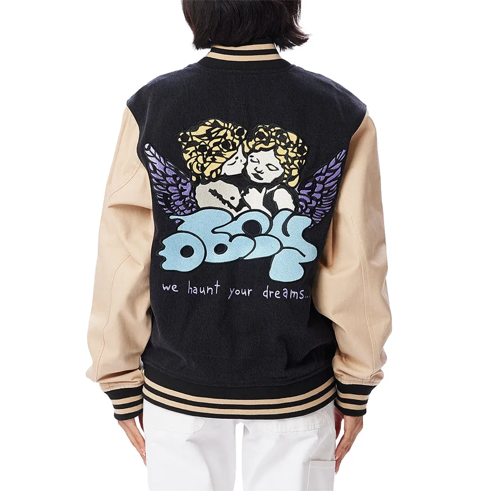 OBEY CARE DENIM VARSITY JACKET // DUSTY BLACK MULTI