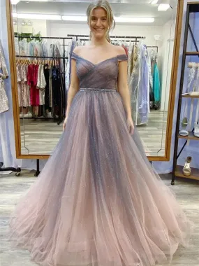 Off Shoulder Long A-line Prom Dresses, Shiny Prom Dresses, Popular 2021 Prom Dresses