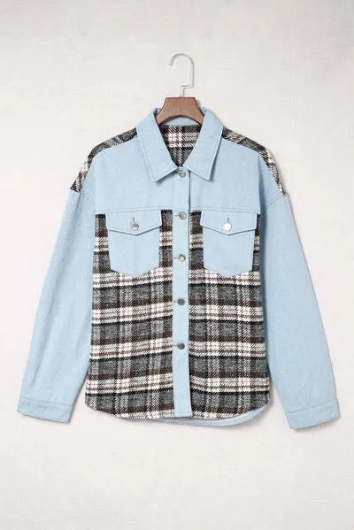 Plaid Pocketed Button Up Denim Jacket