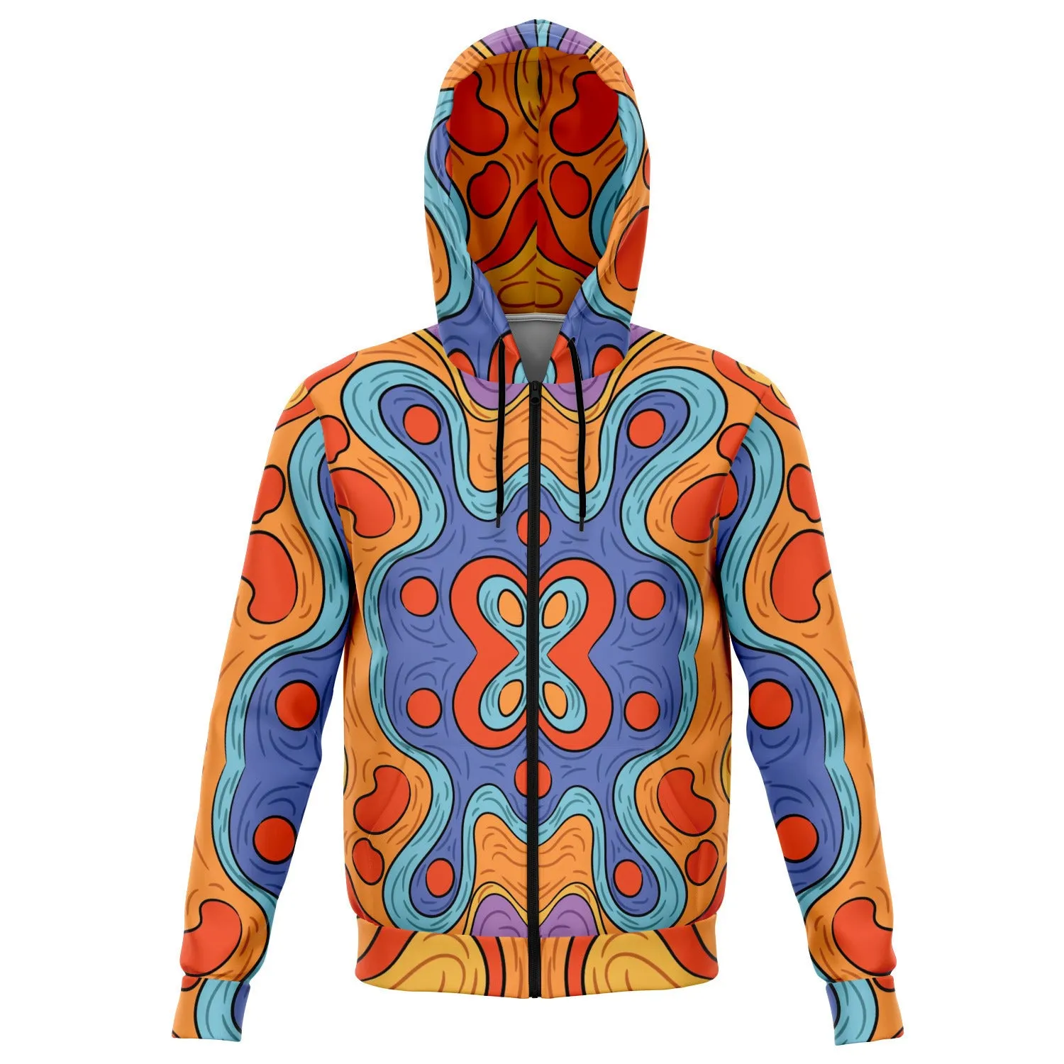 Psychedelic Groovy Zip Up Hoodie, Trippy Vintage Retro Front Zipper Pocket Men Women Adult Aesthetic Graphic Cotton Hooded Sweatshirt