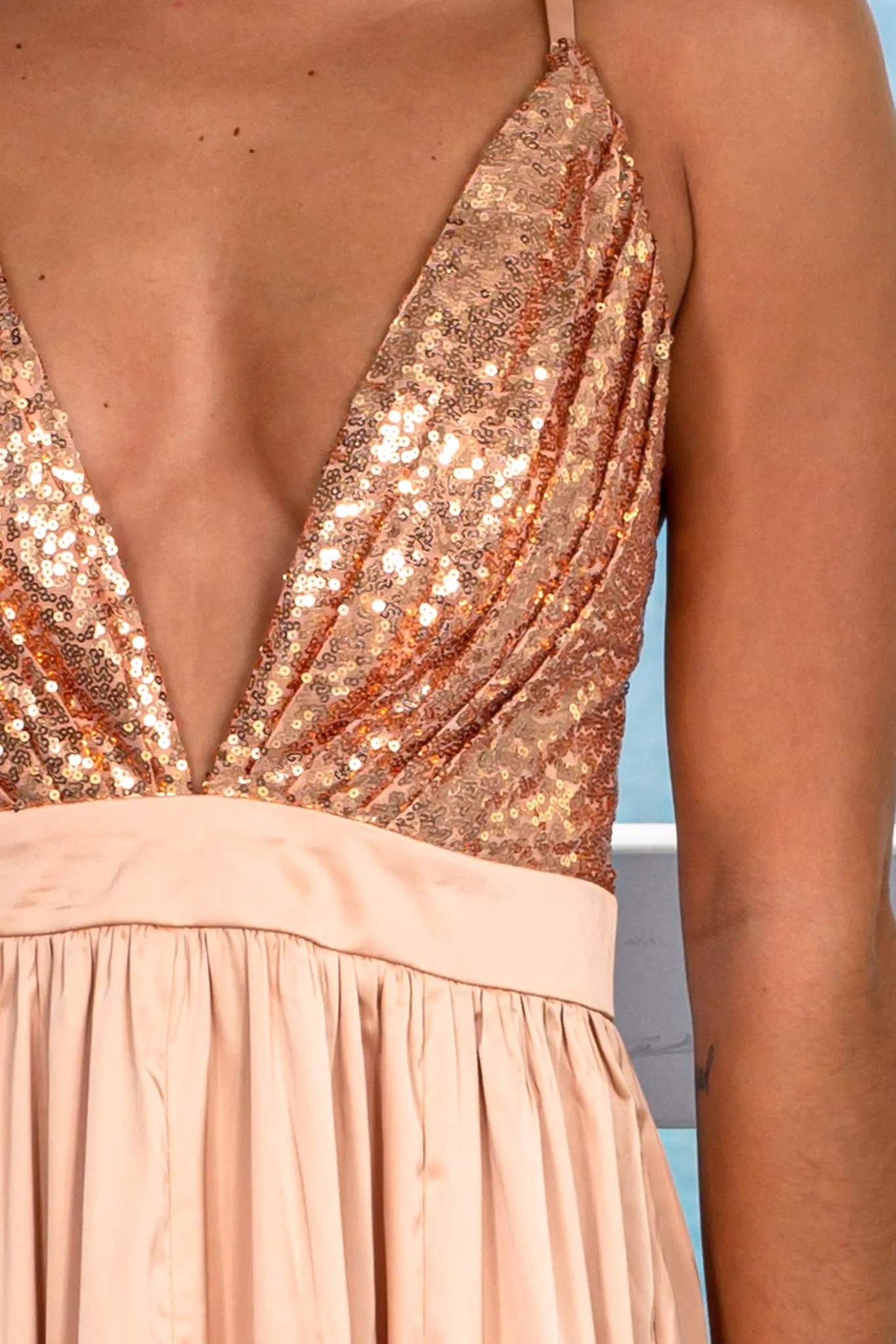 Rose Gold Sequin Top Satin Maxi Dress