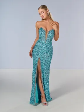 Sequin Fitted Strapless Slit Gown by Tiffany Designs 16216