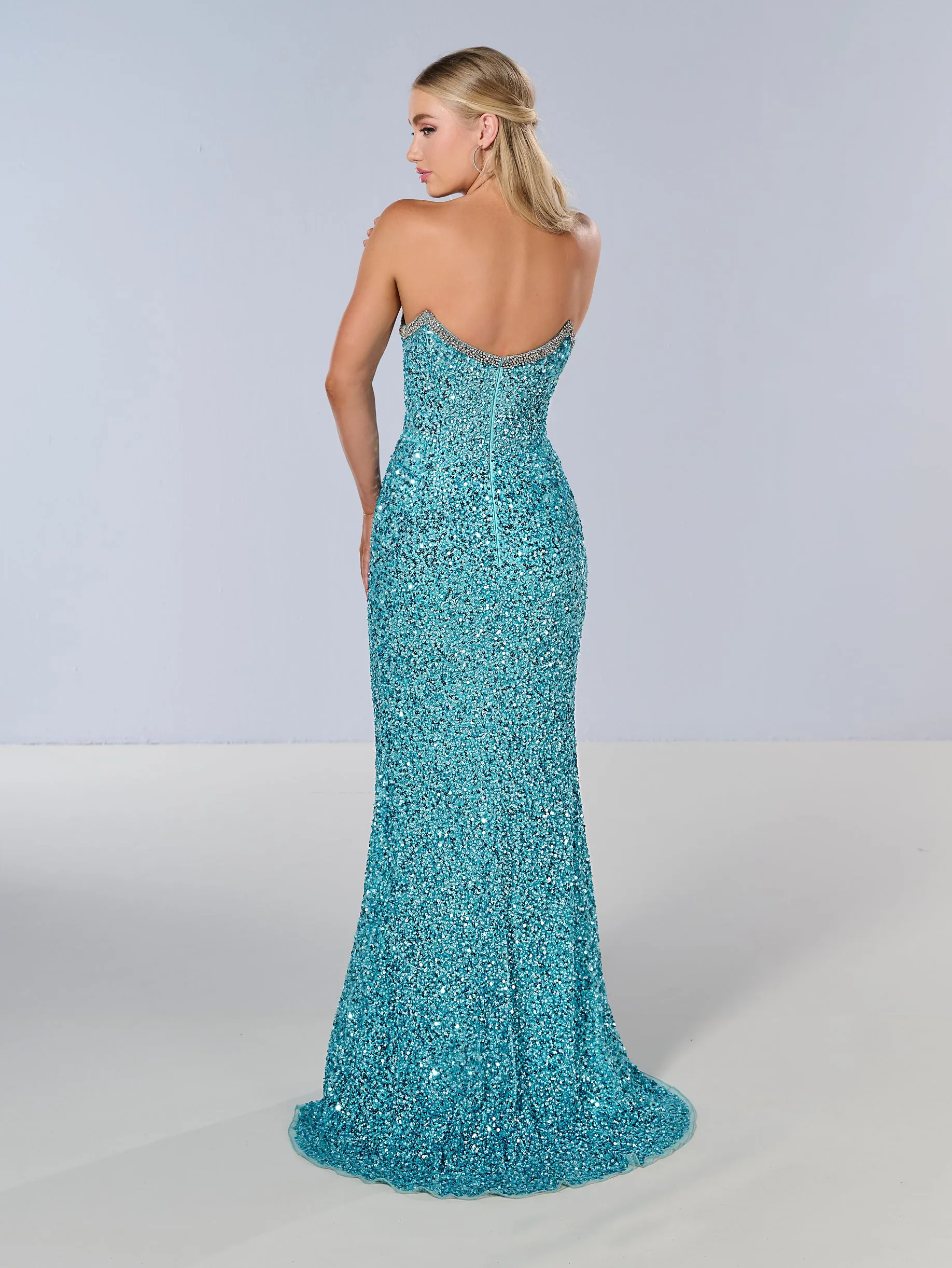 Sequin Fitted Strapless Slit Gown by Tiffany Designs 16216