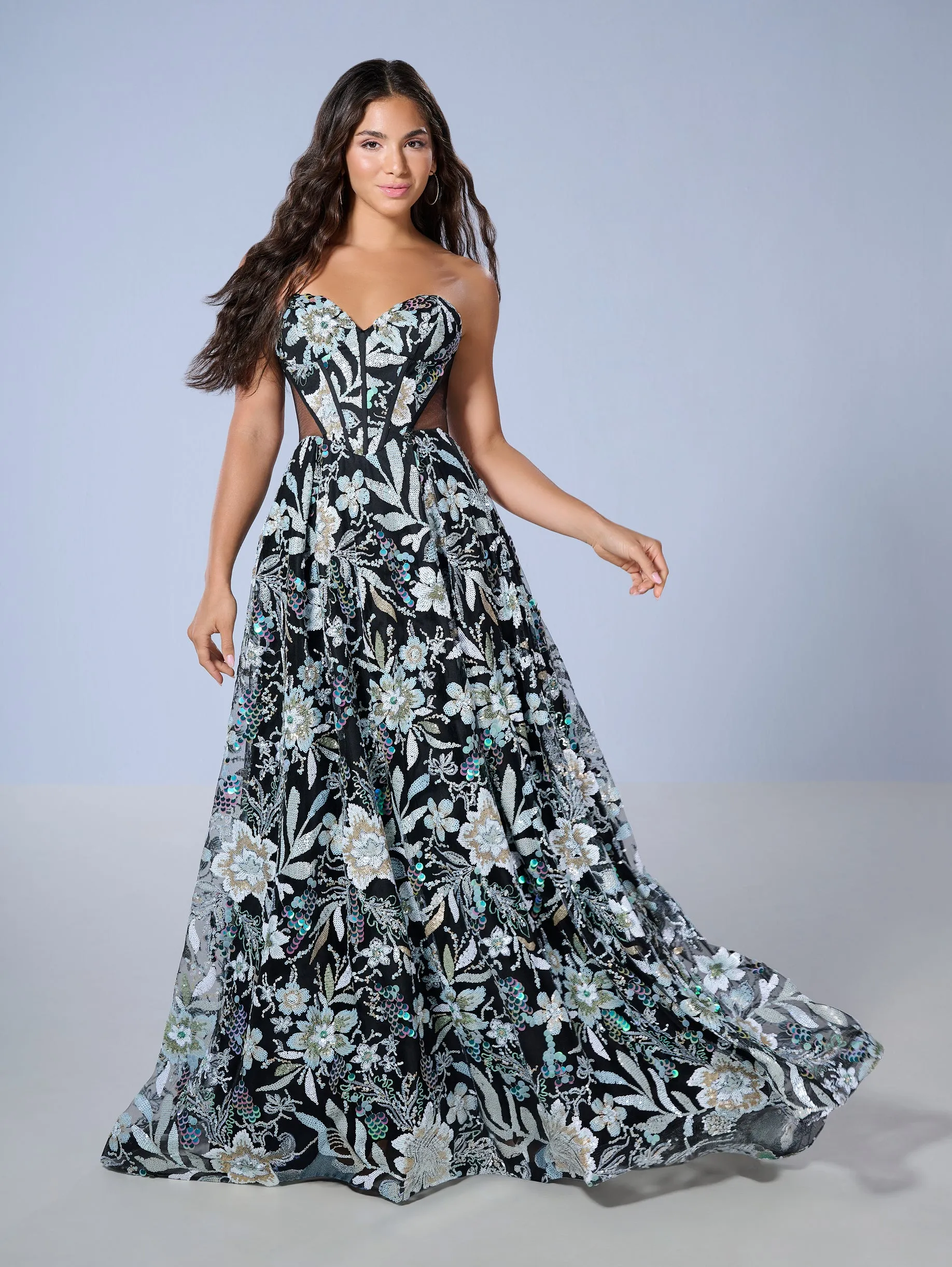 Sequin Print Strapless A-line Gown by Tiffany Designs 16238