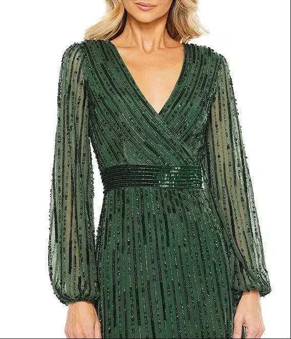 Sequin Surplice V-Neck Long Puff Sleeve Gown Evening Dresses