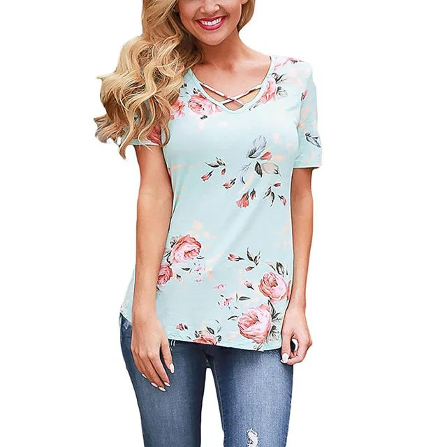 Short Sleeve V-Neck Printed Women T-shirt