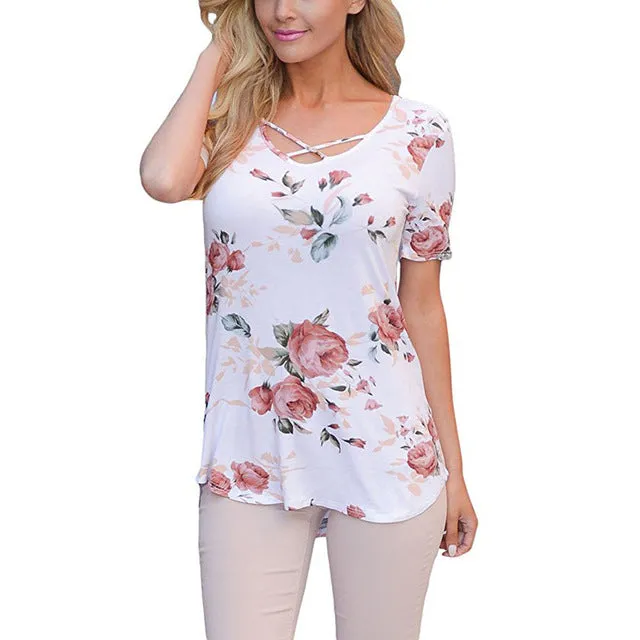 Short Sleeve V-Neck Printed Women T-shirt