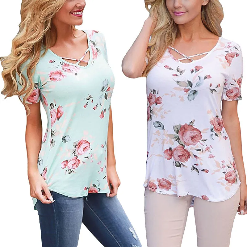 Short Sleeve V-Neck Printed Women T-shirt