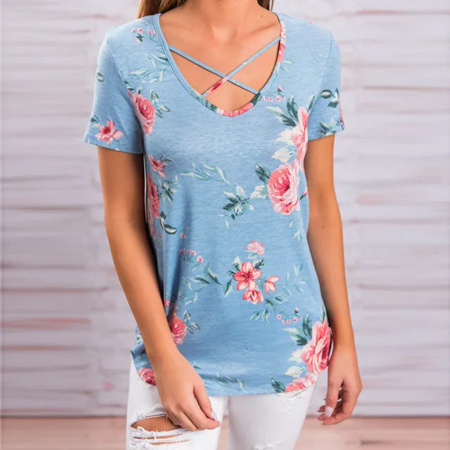 Short Sleeve V-Neck Printed Women T-shirt