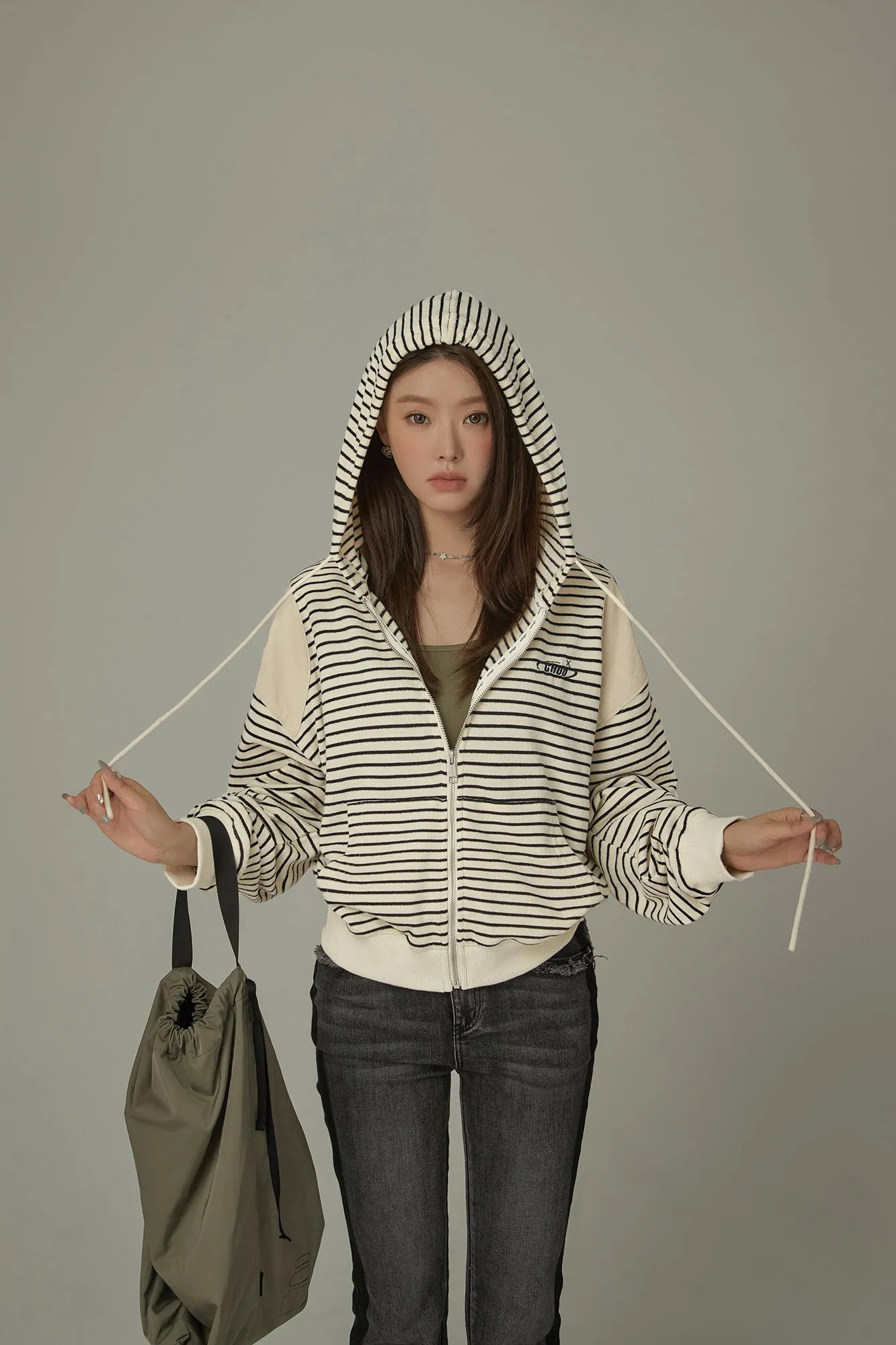 Stripe Hooded Drawstring Loosefit Zip-Up